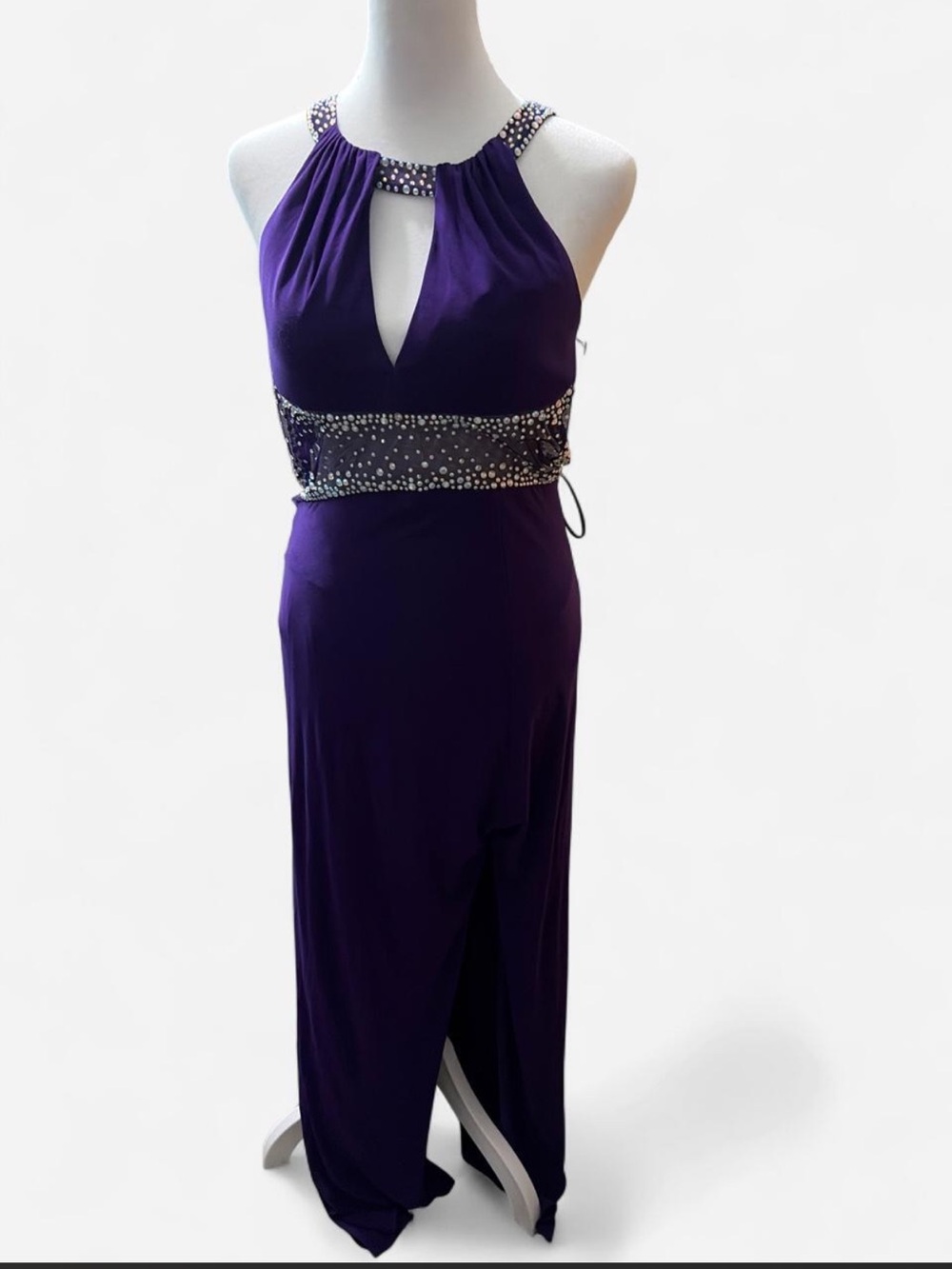 David's Bridal Deep Purple Beaded Halter Prom Dress